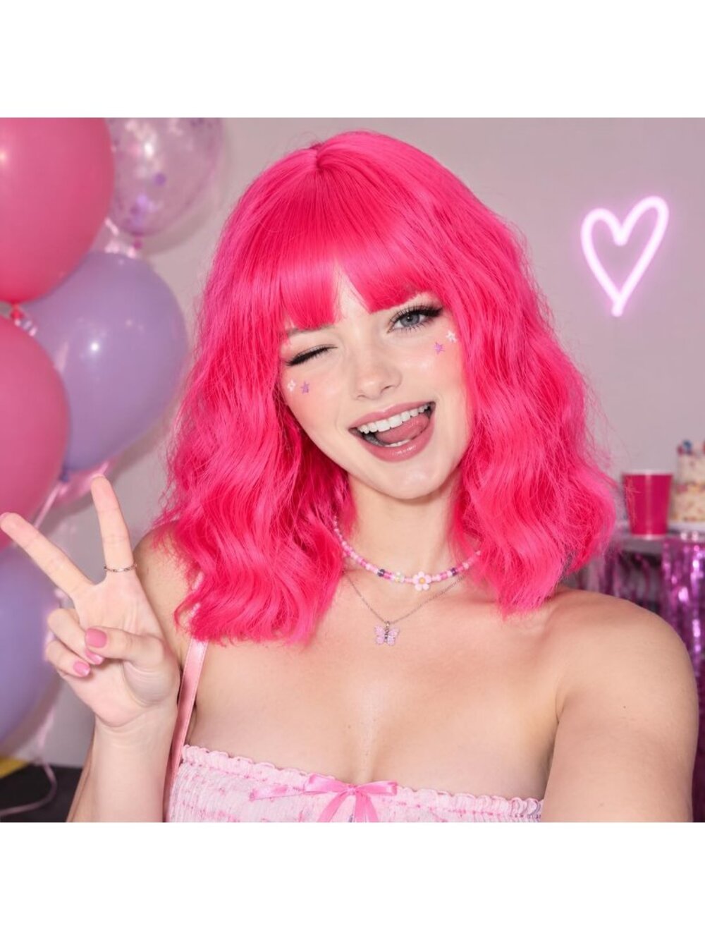 Women's Hot Pink Short Adjustable Wavy Bob Wig with Bangs Cosplay and Party